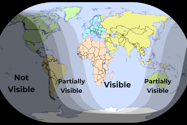 A map of the world with Europe, Asia and Africa bright and coloured and labelled visible. Australia and the Atlantic Ocean are darker and labelled "partially visible". Most of North America and the Pacific Ocean are darkly shaded and labelled "not visible".